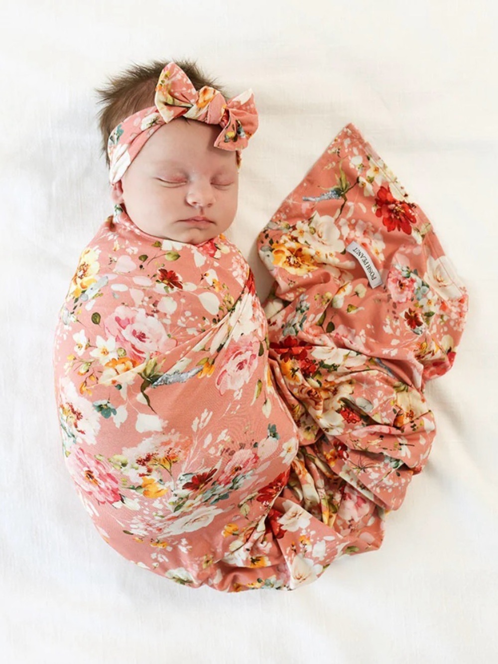 Posh Peanut Coral Pink Floral Swaddle and Bow Headband Set